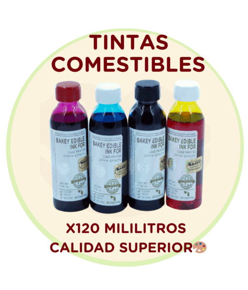 Tintas Comestibles Bakey YMCK - 4 Botellas 120ml para Impresoras Epson L - Alta Pigmentación - Certificadas FDA y Kosher